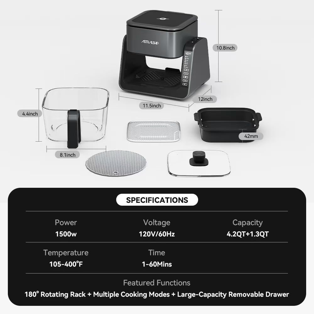 Small Air Fryer for Countertop, 2‑in‑1 Glass Air Fryer & Grill Pan Combo, 4.2 QT + 1.3 QT, glass air fryer Non Toxic, Digital Presets, Healthy Cooking, Portable, Non‑Stick, Multi‑Function