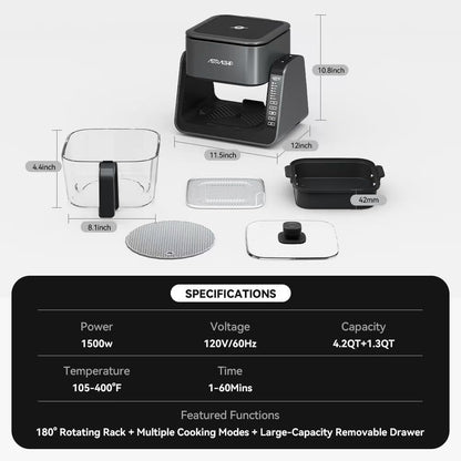 Small Air Fryer for Countertop, 2‑in‑1 Glass Air Fryer & Grill Pan Combo, 4.2 QT + 1.3 QT, glass air fryer Non Toxic, Digital Presets, Healthy Cooking, Portable, Non‑Stick, Multi‑Function