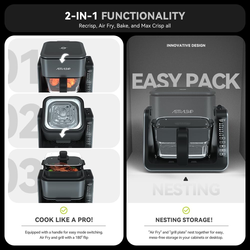 Small Air Fryer for Countertop, 2‑in‑1 Glass Air Fryer & Grill Pan Combo, 4.2 QT + 1.3 QT, glass air fryer Non Toxic, Digital Presets, Healthy Cooking, Portable, Non‑Stick, Multi‑Function