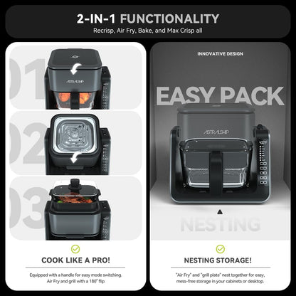 Small Air Fryer for Countertop, 2‑in‑1 Glass Air Fryer & Grill Pan Combo, 4.2 QT + 1.3 QT, glass air fryer Non Toxic, Digital Presets, Healthy Cooking, Portable, Non‑Stick, Multi‑Function