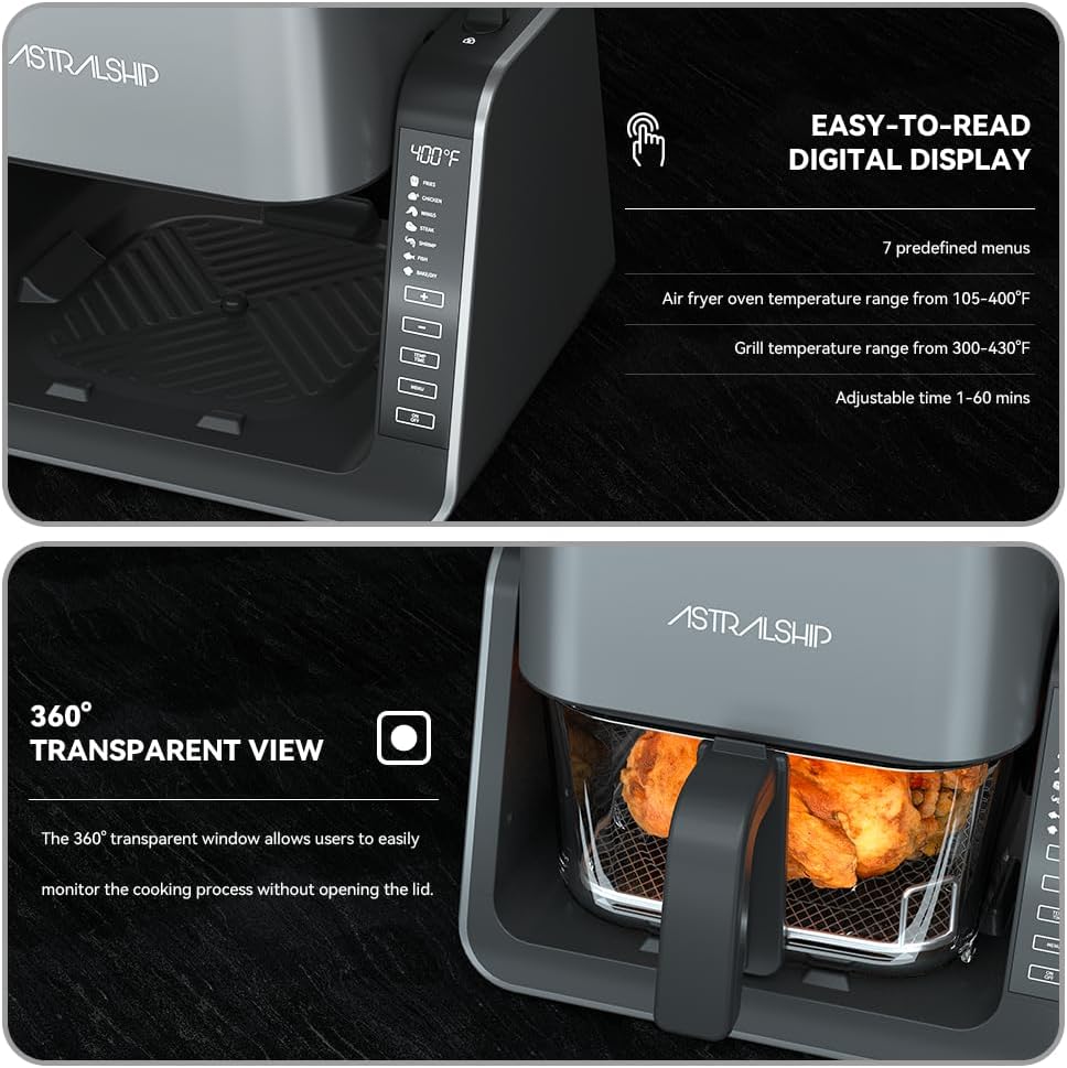 Small Air Fryer for Countertop, 2‑in‑1 Glass Air Fryer & Grill Pan Combo, 4.2 QT + 1.3 QT, glass air fryer Non Toxic, Digital Presets, Healthy Cooking, Portable, Non‑Stick, Multi‑Function