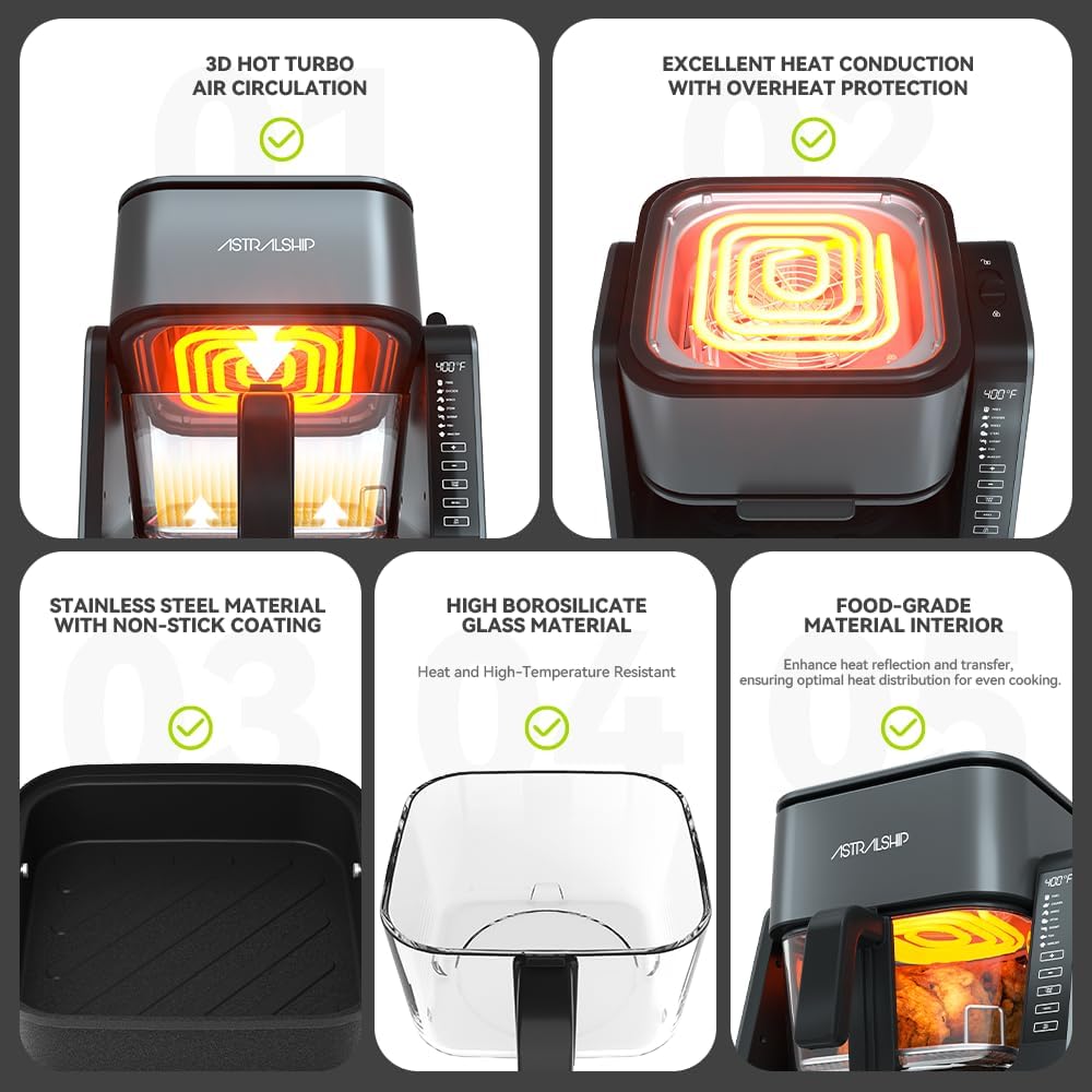 Small Air Fryer for Countertop, 2‑in‑1 Glass Air Fryer & Grill Pan Combo, 4.2 QT + 1.3 QT, glass air fryer Non Toxic, Digital Presets, Healthy Cooking, Portable, Non‑Stick, Multi‑Function