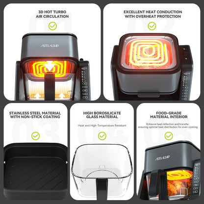 Small Air Fryer for Countertop, 2‑in‑1 Glass Air Fryer & Grill Pan Combo, 4.2 QT + 1.3 QT, glass air fryer Non Toxic, Digital Presets, Healthy Cooking, Portable, Non‑Stick, Multi‑Function