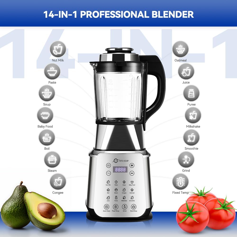 Glass Blenders for Kitchen with 59oz, 1200W High Speed adjustable P1-P9 Professional Blenders, 14 Functions Countertop Blender and Smoothie & Food Processor Combo with Heating, Auto Clean for Sauce