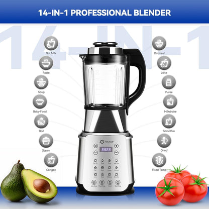 Glass Blenders for Kitchen with 59oz, 1200W High Speed adjustable P1-P9 Professional Blenders, 14 Functions Countertop Blender and Smoothie & Food Processor Combo with Heating, Auto Clean for Sauce