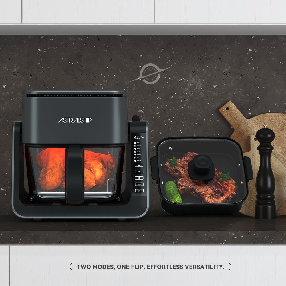 Small Air Fryer for Countertop, 2‑in‑1 Glass Air Fryer & Grill Pan Combo, 4.2 QT + 1.3 QT, glass air fryer Non Toxic, Digital Presets, Healthy Cooking, Portable, Non‑Stick, Multi‑Function