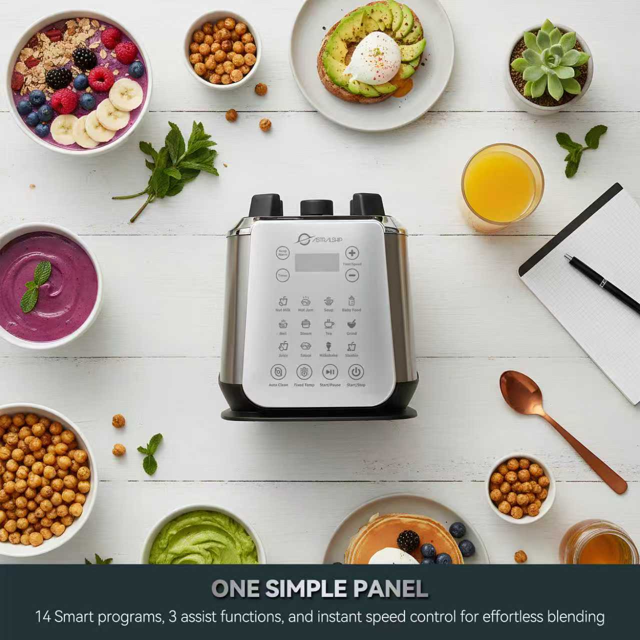 Glass Blenders for Kitchen – Stainless Steel Professional Blender for Smoothies 1500W Motor, Food Processor Combo 9 Adjustable Speeds, 14 Preset Programs, BPA-Free Glass Jar blender, Nut Milk, Soups