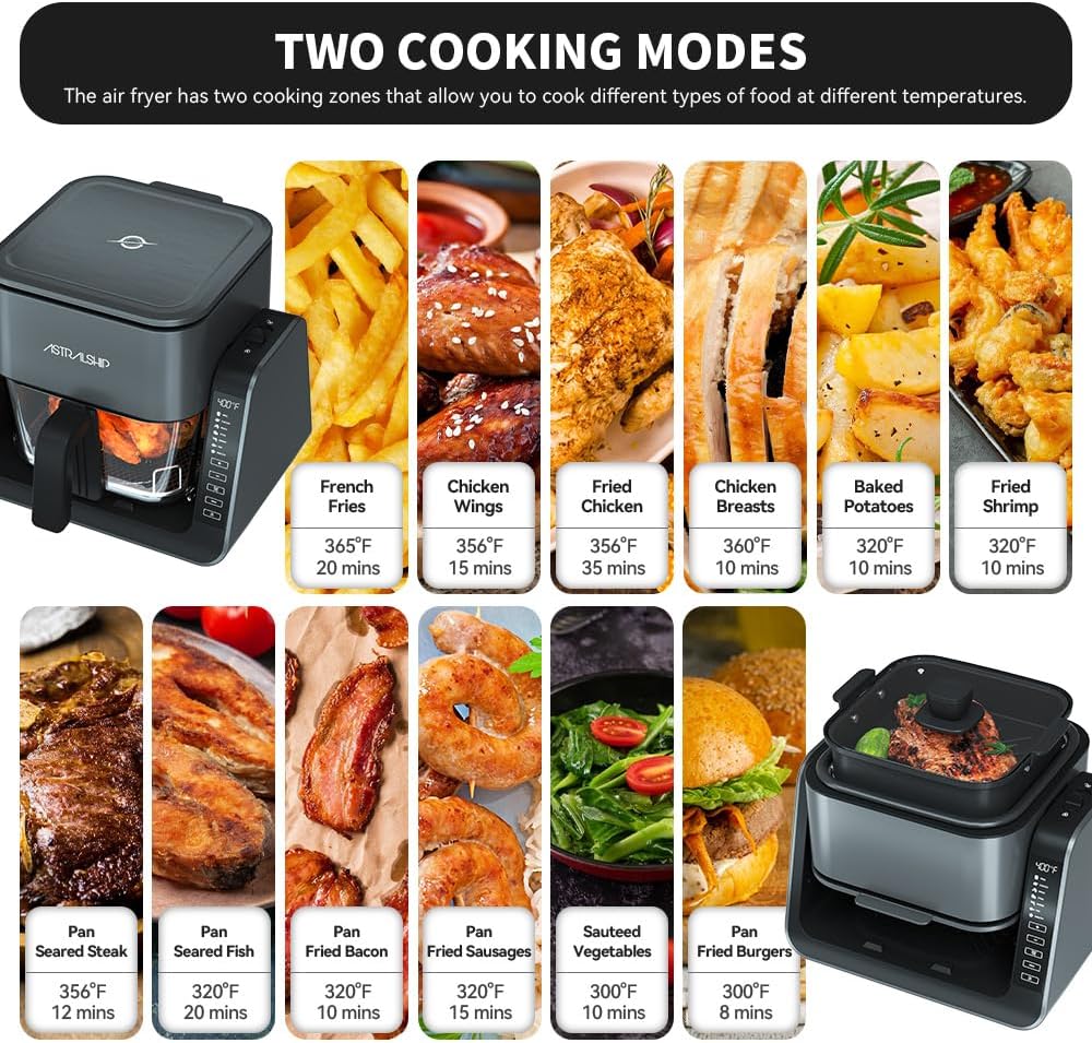 Small Air Fryer for Countertop, 2‑in‑1 Glass Air Fryer & Grill Pan Combo, 4.2 QT + 1.3 QT, glass air fryer Non Toxic, Digital Presets, Healthy Cooking, Portable, Non‑Stick, Multi‑Function