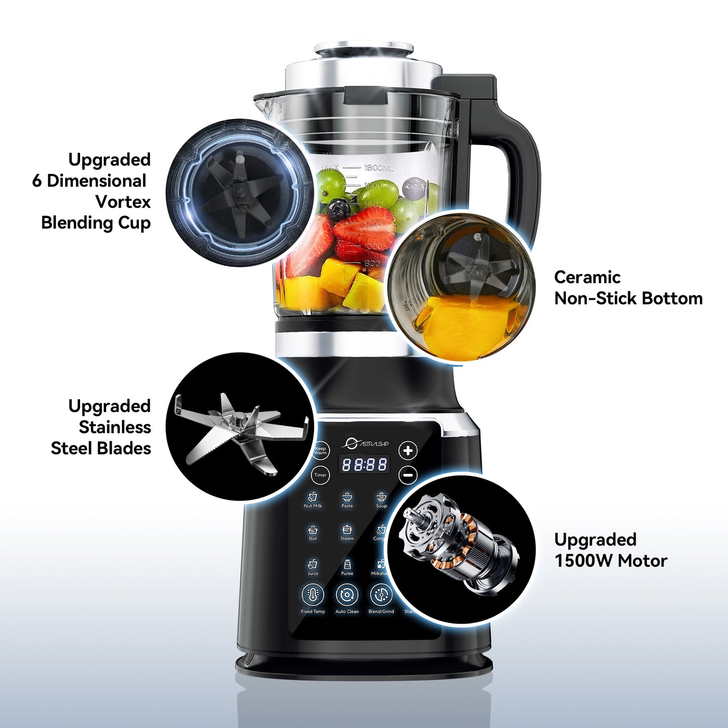 Glass Blenders for Kitchen with Tamper, Blender for Smoothies, Professional Blenders 1500W Motor, 9 Adjustable Speeds, 14 Preset Programs, High-Speed Heating Blender for Nut Milk, Soups, Sauces & More