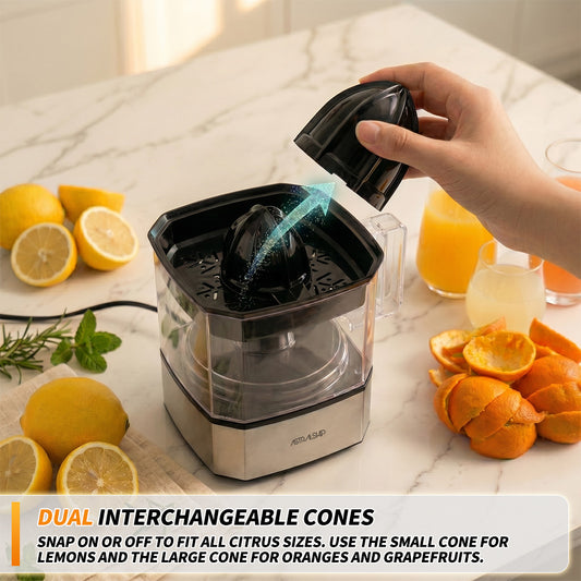 Citrus Juicer Machine Electric Orange & Lemon Squeezer with Stainless Steel Base, 24oz Pitcher, Pressure-Activated, 2 Cones & Pulp Filter for Orange, Lemon, Grapefruit Juice